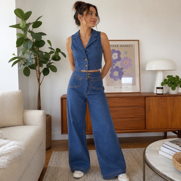 House of Harlow 1960 Pants - House of Harlow 1960 Pinstripe Denim Vest Wide Leg Pants Set Size 2